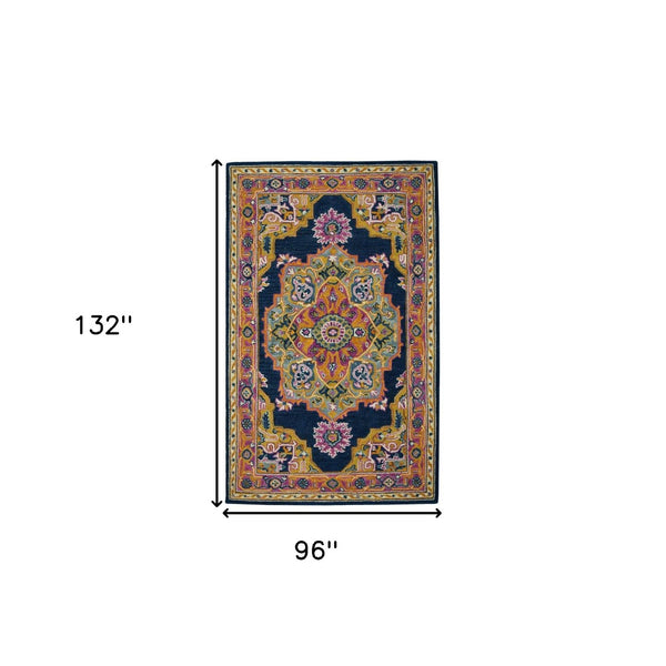 HomeRoots 5' Hand-Tufted Wool Medallion Area Rug - Bohemian Blue, Purple & Brown Design for Cozy Spaces 8' X 11' 570725
