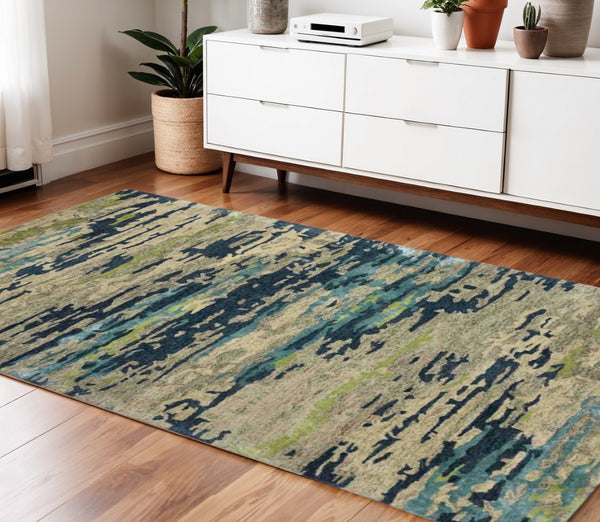 HomeRoots 4' Sand and Green Wool Area Rug - Hand-Tufted Abstract Design for Modern Spaces and Comfort 4' X 6' 570746