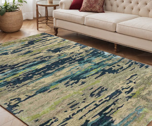 HomeRoots 4' Sand and Green Wool Area Rug - Hand-Tufted Abstract Design for Modern Spaces and Comfort 5' X 8' 570747