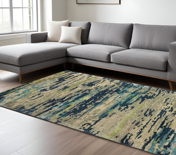 HomeRoots 4' Sand and Green Wool Area Rug - Hand-Tufted Abstract Design for Modern Spaces and Comfort 8' X 10' 570748
