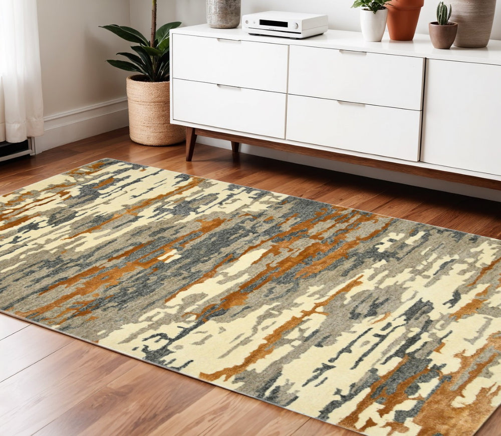 HomeRoots 4' Hand-Tufted Wool Area Rug in Abstract Orange, Ivory & Green – Modern Art for Cozy Spaces 4' X 6' 570751