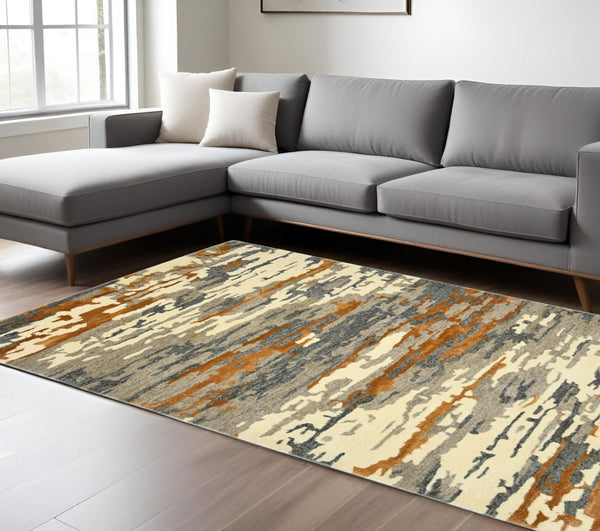 HomeRoots 4' Hand-Tufted Wool Area Rug in Abstract Orange, Ivory & Green – Modern Art for Cozy Spaces 9' X 13' 570754