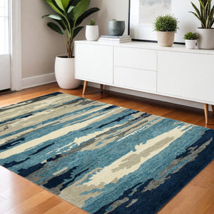 HomeRoots 4' Blue Gray and Ivory Abstract Hand-Tufted Wool Area Rug for Cozy Modern Interiors and Comfort 4' X 6' 570756