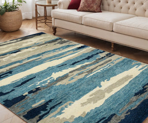 HomeRoots 4' Blue Gray and Ivory Abstract Hand-Tufted Wool Area Rug for Cozy Modern Interiors and Comfort 5' X 8' 570757