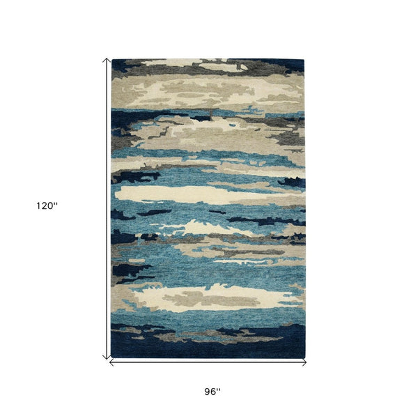 HomeRoots 4' Blue Gray and Ivory Abstract Hand-Tufted Wool Area Rug for Cozy Modern Interiors and Comfort 8' X 10' 570758