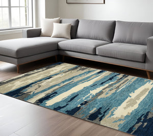 HomeRoots 4' Blue Gray and Ivory Abstract Hand-Tufted Wool Area Rug for Cozy Modern Interiors and Comfort 9' X 13' 570759
