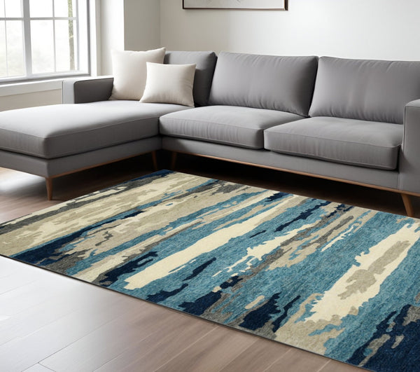 HomeRoots 4' Blue Gray and Ivory Abstract Hand-Tufted Wool Area Rug for Cozy Modern Interiors and Comfort 9' X 13' 570759