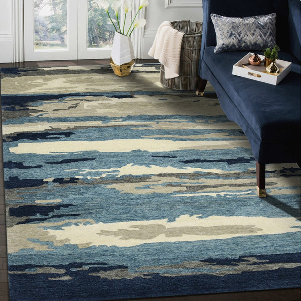 HomeRoots 4' Blue Gray and Ivory Abstract Hand-Tufted Wool Area Rug for Cozy Modern Interiors and Comfort 9' X 13' 570759