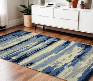 HomeRoots 4' Navy Blue Ivory and Gray Wool Abstract Hand-Tufted Area Rug – Modern Artistry for Your Space 4' X 6' 570770