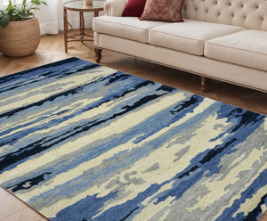 HomeRoots 4' Navy Blue Ivory and Gray Wool Abstract Hand-Tufted Area Rug – Modern Artistry for Your Space 5' X 8' 570771
