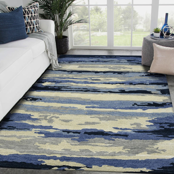HomeRoots 4' Navy Blue Ivory and Gray Wool Abstract Hand-Tufted Area Rug – Modern Artistry for Your Space 5' X 8' 570771