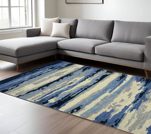 HomeRoots 4' Navy Blue Ivory and Gray Wool Abstract Hand-Tufted Area Rug – Modern Artistry for Your Space 8' X 10' 570772