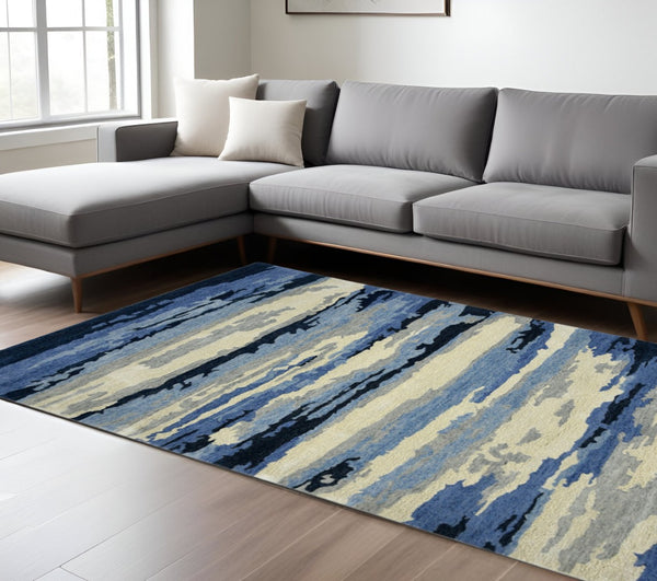 HomeRoots 4' Navy Blue Ivory and Gray Wool Abstract Hand-Tufted Area Rug – Modern Artistry for Your Space 9' X 13' 570773