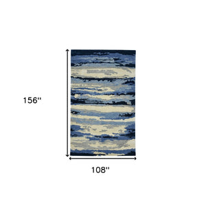 HomeRoots 4' Navy Blue Ivory and Gray Wool Abstract Hand-Tufted Area Rug – Modern Artistry for Your Space 9' X 13' 570773