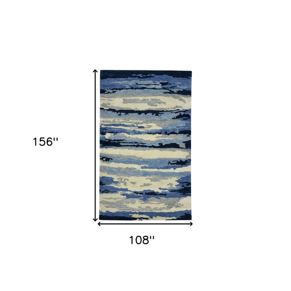 HomeRoots 4' Navy Blue Ivory and Gray Wool Abstract Hand-Tufted Area Rug – Modern Artistry for Your Space 9' X 13' 570773