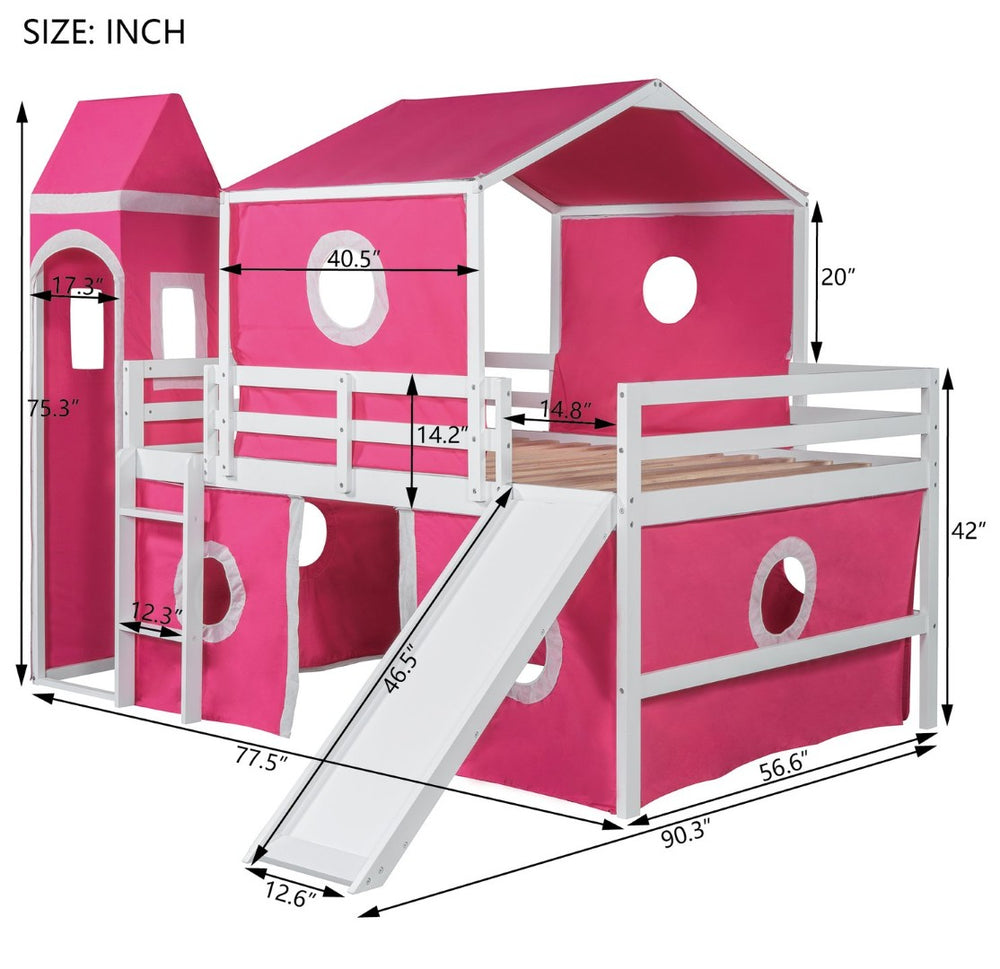 English Elm Full Size Kids Castle Loft Bed with Slide Tent and Tower Pinewood Play Structure LT000771AAH-1