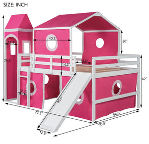 English Elm Full Size Kids Castle Loft Bed with Slide Tent and Tower Pinewood Play Structure LT000771AAH-1