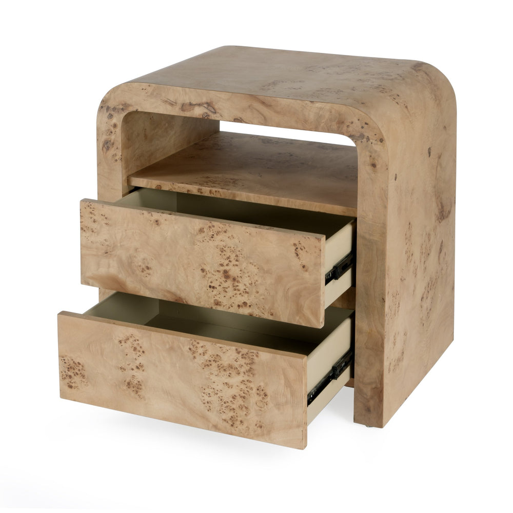 Butler Specialty Cora 2 Drawer Nightstand - Elegant Mid-century Modern Design With Curves And Hidden Storage Solution Light Brown Rubberwood Solids,Mappa Burl Veneer,Mdf 5708444-butler