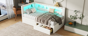 English Elm Upholstered Twin Platform Bed with USB Ports, LED Light Belt, Linen Backrest & 2 Storage Drawers White DL001926AAK