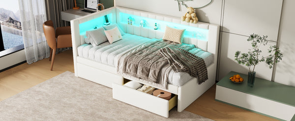 English Elm Upholstered Twin Platform Bed with USB Ports, LED Light Belt, Linen Backrest & 2 Storage Drawers White DL001926AAK