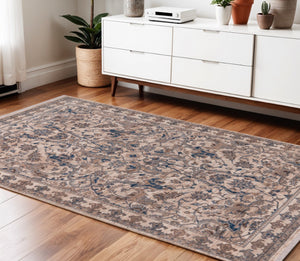 HomeRoots 4' Tan and Blue Oriental Area Rug with Fringe – Classic Elegance for High-Traffic Spaces at Home 4' X 5' 570912