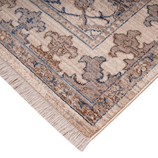 HomeRoots 4' Tan and Blue Oriental Area Rug with Fringe – Classic Elegance for High-Traffic Spaces at Home 4' X 5' 570912