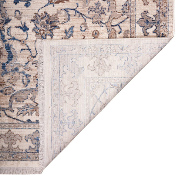 HomeRoots 4' Tan and Blue Oriental Area Rug with Fringe – Classic Elegance for High-Traffic Spaces at Home 4' X 5' 570912