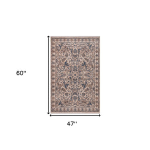 HomeRoots 4' Tan and Blue Oriental Area Rug with Fringe – Classic Elegance for High-Traffic Spaces at Home 4' X 5' 570912