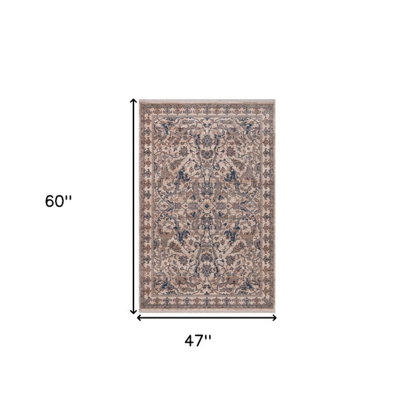 HomeRoots 4' Tan and Blue Oriental Area Rug with Fringe – Classic Elegance for High-Traffic Spaces at Home 4' X 5' 570912