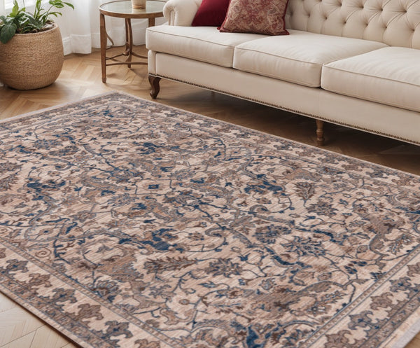 HomeRoots 4' Tan and Blue Oriental Area Rug with Fringe – Classic Elegance for High-Traffic Spaces at Home 5' X 8' 570913