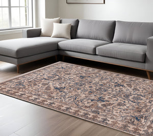 HomeRoots 4' Tan and Blue Oriental Area Rug with Fringe – Classic Elegance for High-Traffic Spaces at Home 7' X 10' 570914