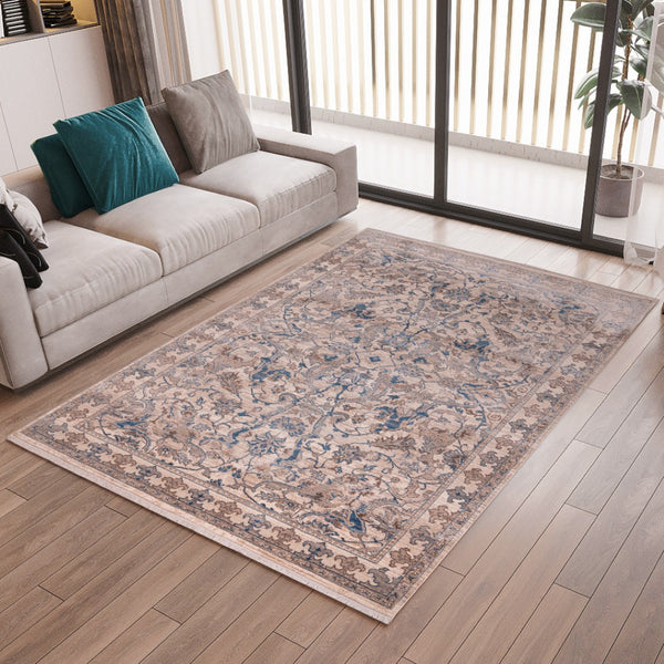 HomeRoots 4' Tan and Blue Oriental Area Rug with Fringe – Classic Elegance for High-Traffic Spaces at Home 7' X 10' 570914