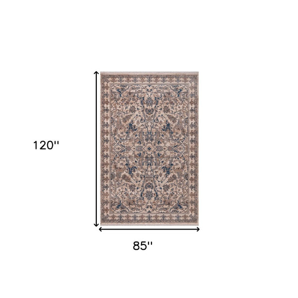 HomeRoots 4' Tan and Blue Oriental Area Rug with Fringe – Classic Elegance for High-Traffic Spaces at Home 7' X 10' 570914