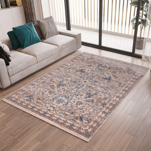 HomeRoots 4' Tan and Blue Oriental Area Rug with Fringe – Classic Elegance for High-Traffic Spaces at Home 9' X 13' 570915
