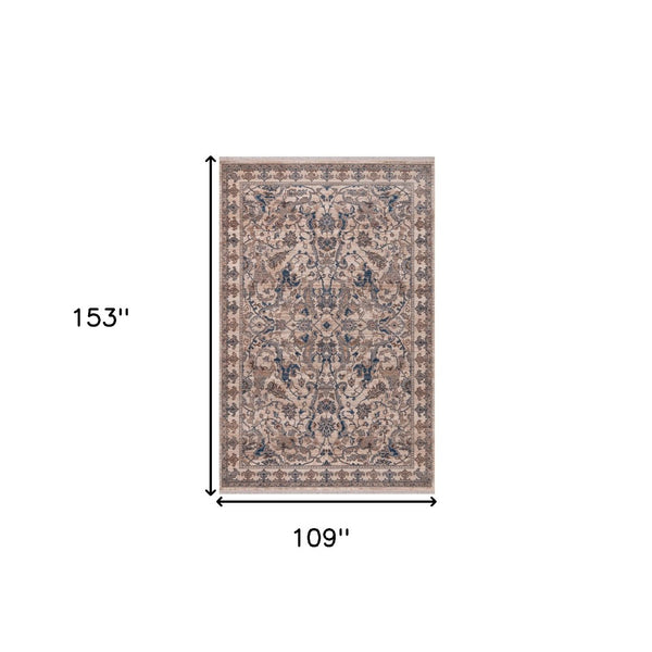 HomeRoots 4' Tan and Blue Oriental Area Rug with Fringe – Classic Elegance for High-Traffic Spaces at Home 9' X 13' 570915