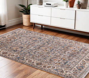 HomeRoots 4' Gray Tan and Beige Oriental Area Rug with Fringe - Timeless Elegance for Any Room Decor 4' X 5' 570917