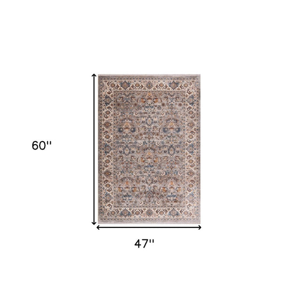 HomeRoots 4' Gray Tan and Beige Oriental Area Rug with Fringe - Timeless Elegance for Any Room Decor 4' X 5' 570917