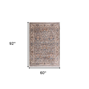 HomeRoots 4' Gray Tan and Beige Oriental Area Rug with Fringe - Timeless Elegance for Any Room Decor 5' X 8' 570918
