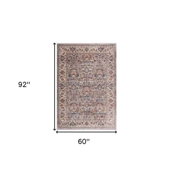 HomeRoots 4' Gray Tan and Beige Oriental Area Rug with Fringe - Timeless Elegance for Any Room Decor 5' X 8' 570918