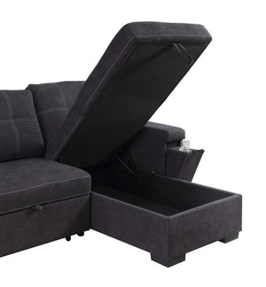 English Elm Ollie Woven Fabric Sleeper Sectional with Storage Chaise and Built-in Charging Ports Black B2749S00017