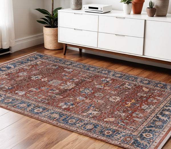 HomeRoots 4' Elegant Red Beige and Blue Oriental Area Rug with Fringe – Durable, Timeless Design for Any Space 4' X 5' 570922