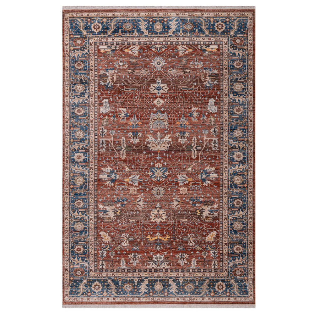 HomeRoots 4' Elegant Red Beige and Blue Oriental Area Rug with Fringe – Durable, Timeless Design for Any Space 4' X 5' 570922