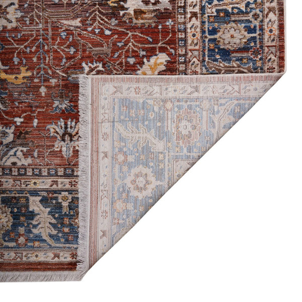 HomeRoots 4' Elegant Red Beige and Blue Oriental Area Rug with Fringe – Durable, Timeless Design for Any Space 4' X 5' 570922