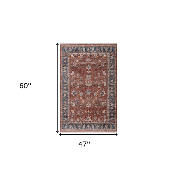 HomeRoots 4' Elegant Red Beige and Blue Oriental Area Rug with Fringe – Durable, Timeless Design for Any Space 4' X 5' 570922
