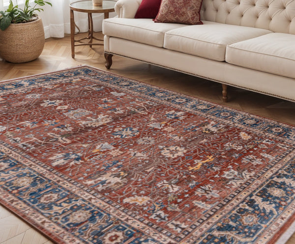 HomeRoots 4' Elegant Red Beige and Blue Oriental Area Rug with Fringe – Durable, Timeless Design for Any Space 5' X 8' 570923