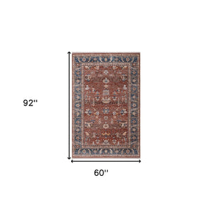 HomeRoots 4' Elegant Red Beige and Blue Oriental Area Rug with Fringe – Durable, Timeless Design for Any Space 5' X 8' 570923