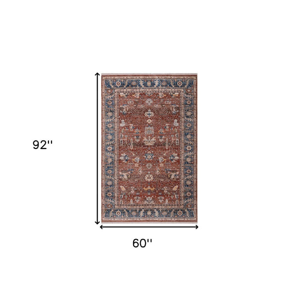 HomeRoots 4' Elegant Red Beige and Blue Oriental Area Rug with Fringe – Durable, Timeless Design for Any Space 5' X 8' 570923