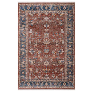 HomeRoots 4' Elegant Red Beige and Blue Oriental Area Rug with Fringe – Durable, Timeless Design for Any Space 7' X 10' 570924