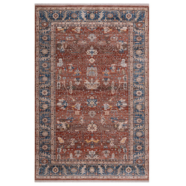HomeRoots 4' Elegant Red Beige and Blue Oriental Area Rug with Fringe – Durable, Timeless Design for Any Space 7' X 10' 570924