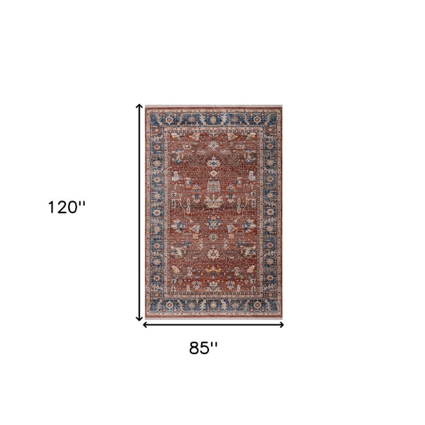 HomeRoots 4' Elegant Red Beige and Blue Oriental Area Rug with Fringe – Durable, Timeless Design for Any Space 7' X 10' 570924